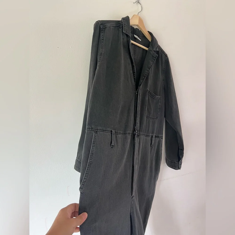 &Denim Washed Black Grey Long Sleeve Button Front Relaxed Fit Denim Jumpsuit - Picture 5 of 11